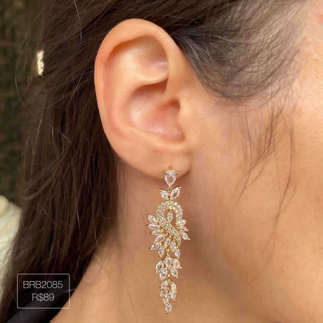 Brinco Festa Meio Coração Pendurado Navetes Cristal Dourado